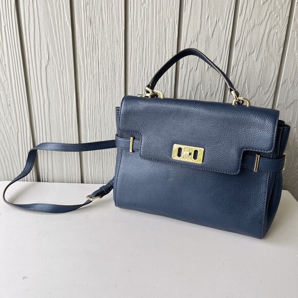 Michael Kors Navy Leather Satchel Crossbody Bag Gold Hardware Top Handle - Picture 1 of 15